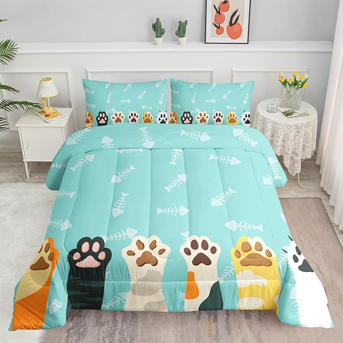 Datura home Cat Paws Comforter Bedding Set for Kids Teens,Cartoon Cat Paws and Fish Bones Pattern Lightweight Cyan Comforter with 2 Pillowcases,3pcs(Cat Paws Queen)