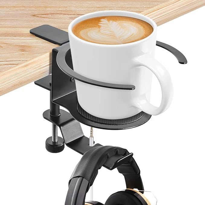 Desk Cup Holder, 2-in-1 Adjustable & 360° Rotating Office Gaming Desk Accessories for Under Desk Headphone Stand Hanging Headset, Holding Coffee Mug, Drinks, Water Bottle – Black