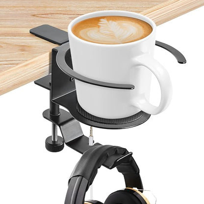 Desk Cup Holder, 2-in-1 Adjustable & 360° Rotating Office Gaming Desk Accessories for Under Desk Headphone Stand Hanging Headset, Holding Coffee Mug, Drinks, Water Bottle – Black