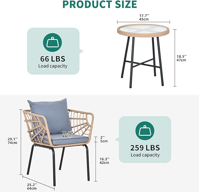 YITAHOME Wicker 3-Piece Outdoor Bistro Set, All-Weather Patio Conversation Set for Balcony, Backyard, Pool, Porch, Deck, Outdoor Sectional Furniture Set with Table & Cushions - Grey
