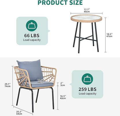 YITAHOME Wicker 3-Piece Outdoor Bistro Set, All-Weather Patio Conversation Set for Balcony, Backyard, Pool, Porch, Deck, Outdoor Sectional Furniture Set with Table & Cushions - Grey