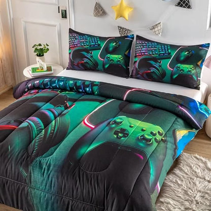 Gamer Comforter Sets for Teen Boys,Gaming Bedding Sets Queen,Video Game Bedspread,Game Gamepad Bed Set,Controller Bedding Gamer Home Decor 3 Piece 1 Comforter and 2 Pillowcases