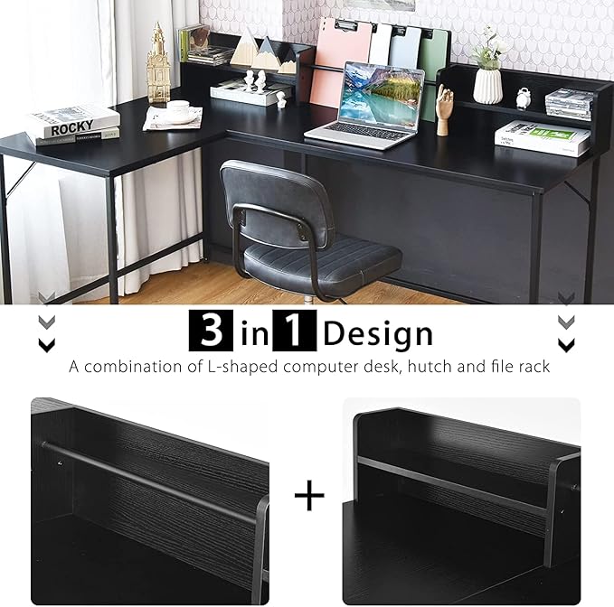 LUARANE 65.5 Inches L-Shaped Desk, Industrial Computer Desk with Hutch File Rack, Space Saving Corner Desk with Metal Frame, Computer Workstation for Home Office (Black)