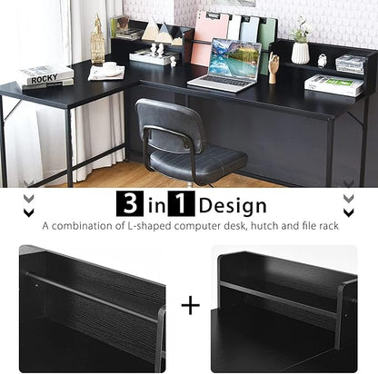 LUARANE 65.5 Inches L-Shaped Desk, Industrial Computer Desk with Hutch File Rack, Space Saving Corner Desk with Metal Frame, Computer Workstation for Home Office (Black)