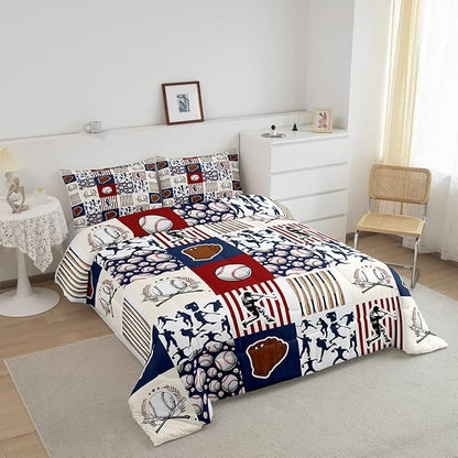 Erosebridal Kids Baseball Queen Comforter Set for Boys,Teen Baseball Athlete Bedding Set Room Decor Sports Theme Bed Comforter Sets Baseball Bat Gloves Quilt Duvet with 2 Pillow Cases Red Navy Blue