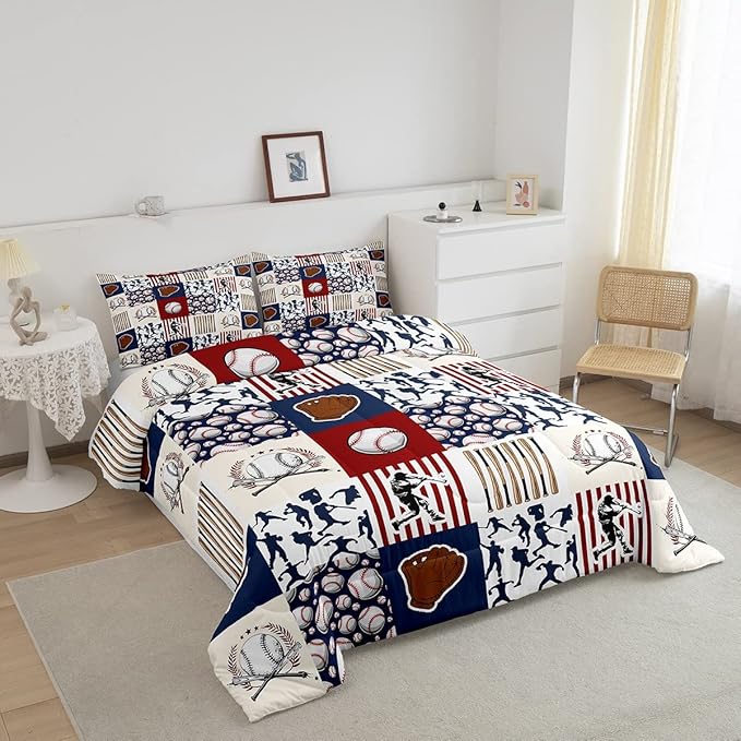 Erosebridal Kids Baseball King Comforter Set for Boys,Teen Baseball Athlete Bedding Set Room Decor Sports Theme Bed Comforter Sets Baseball Bat Gloves Quilt Duvet with 2 Pillow Cases Red Navy Blue
