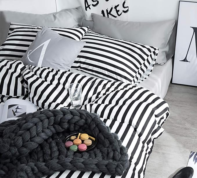 White and Black Stripes Comforter Set Cal King Women Bedding Set Soft Durable White Striated Bedding Set Black Stripes Cal King Quilts Hotel Quality Comforter Girls White Black Stripes Bed Set