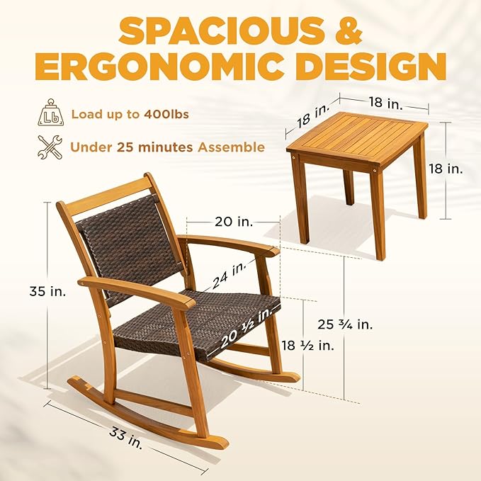 Solid Wood Chairs Set of 2 with End Table, Wicker Rocking Design