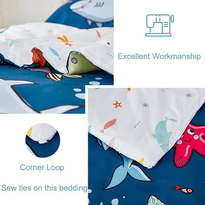 WINLIFE Shark Twin Comforter Set for Boys Blue Ocean Theme Printed Bedding Set, Super Soft and Easy Wash Reversible Kids Bed Set 1 Comforter 2 Pillowcases (3-Pieces, Twin)