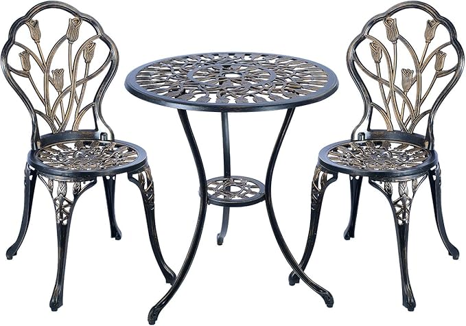 CG 3 Piece Bistro Set, Outdoor Patio Set, Anti-Rust Cast Aluminum Bistro Table Set for Park Yard Front Porch Furniture, Tulip, Antique Copper