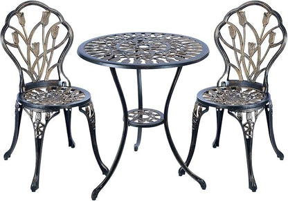 CG 3 Piece Bistro Set, Outdoor Patio Set, Anti-Rust Cast Aluminum Bistro Table Set for Park Yard Front Porch Furniture, Tulip, Antique Copper