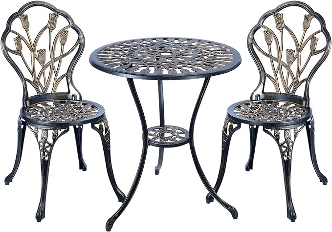 Mandolin Patio Table and Chairs,5 Piece Outdoor Dining Set,Rust-Resistant Cast Aluminum Bistro Set,with Cushion,Tulip Design (Copper)