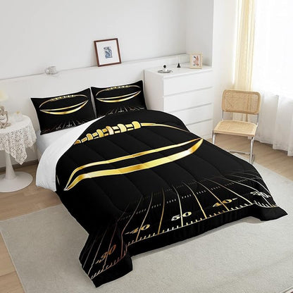 Feelyou Football Bedding Set King Kids Rugby Sports Comforter Set American Football Comforter Set for Boys Golden Black Room Decor Quilt with 2 Pillow Case Boys