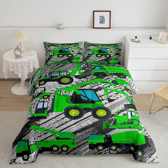 Excavator Down Comforter, Kids Boys Cartoon Car Comforter Set Twin, Children Tractor Truck Duvet Sets Girls Construction Vehicle Bulldozer Bedding Set 2 Pieces with 1 Pillow Case, Green Gray