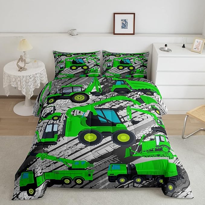 Excavator Down Comforter, Kids Boys Cartoon Car Comforter Set Full, Children Tractor Truck Duvet Sets Girls Construction Vehicle Bulldozer Bedding Set 3 Pieces with 2 Pillow Cases, Green Gray