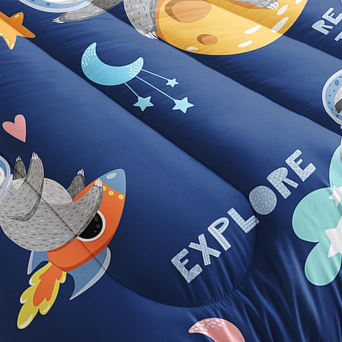 Kawaii Sloth Comforter Set 3 Pieces Outer Space Moon Cloudy Star Bedding Set Cartoon Animal Astronaut Bed Quilt Set for Girls Boys Kids with 1 Comforter and 2 Pillow Cases, Blue