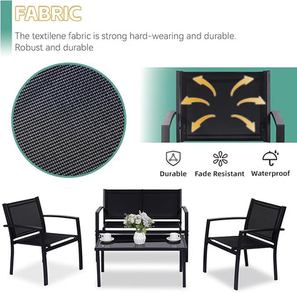 4 Pieces Patio Furniture Set Outdoor Garden Patio Conversation Sets Poolside Lawn Chairs with Tempered Glass Coffee Table Loveseat Porch Furniture Textilene Fabric Black