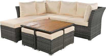 9 Pieces Outdoor Furniture All Weather Patio Sectional Sofa PE Wicker Modular Conversation Sets with Coffee Table and Storage Ottoman, Onesize, Ze-Grey