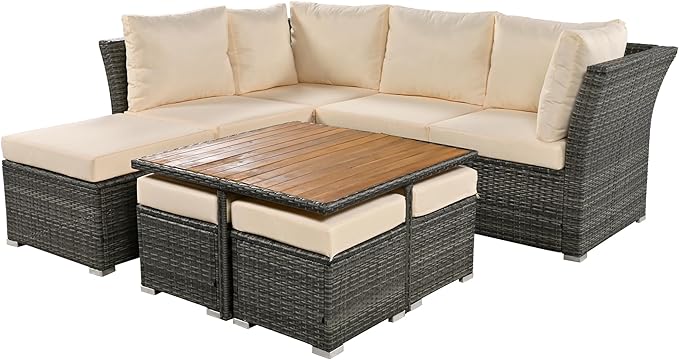 9 Piece Patio Furniture Set with Solid Wood Coffee Table and Ottomans, Rattan Modular Outdoor Sectional Conversation Sofa, for Garden Backyard, Onesize, Beige