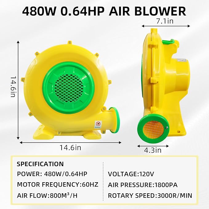 Air Blower, 480W 0.64HP Bounce House Blower, Portable Inflatable Bubble House Blower, Perfect for Inflatable Bounce House, Bouncy Castle, Jumper, Water Slid, Blower Corded(480 Watt 0.6HP)