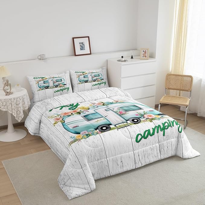 Erosebridal Girls Camping Bedding Camper Car Floral Comforter Set Queen