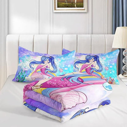 Datura home Kids Mermaid Comforter Set for Girls Women,Cute Mermaid Girl and Rainbow Shell Starfish Printed Pattern Blue Kawaii Bedding Set with 2 Pillowcases(Mermaid Girl Full)