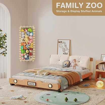 Stuffed Animal Storage Toy Organizer: Corner Stuff Animals Holder for Wall with LED Light - Kids Plush Toys Storage with Adjustable Length for Nursery Playroom Bedroom Kids Room(Beige)