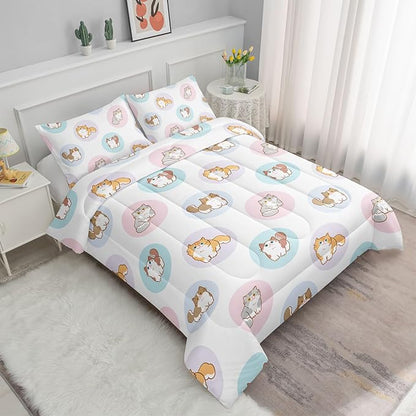 Datura home White Kawaii Cat Comforter Bedding Set Girls Kitten White Print Cute Animal Pattern Bedding Set 1 Comforter 2 Pillowcases Girls Bedroom All Season(Cat White Full) Full 80x90''