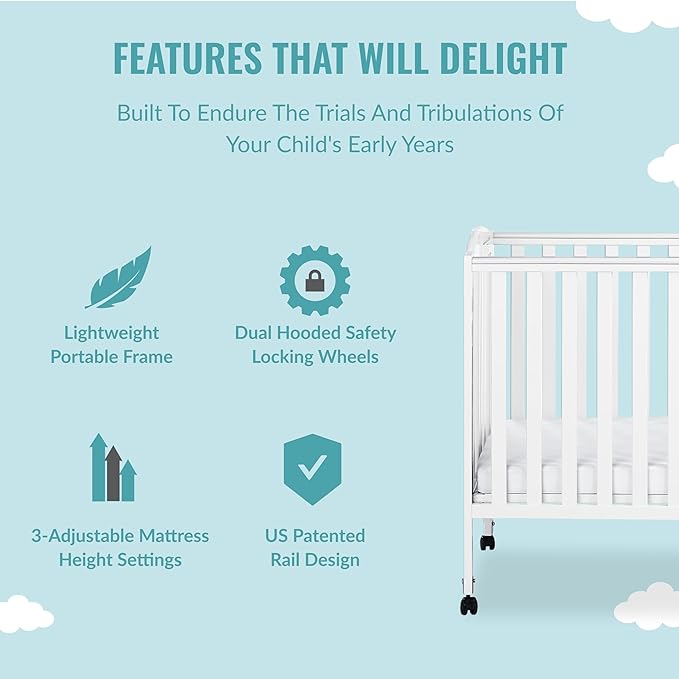 3 in 1 Portable Folding Stationary Side Crib in White, Greenguard Gold Certified, Safety Wheel with Locking Casters, Convertible, 3 Mattress Heights