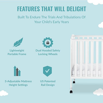 3 in 1 Portable Folding Stationary Side Crib in White, Greenguard Gold Certified, Safety Wheel with Locking Casters, Convertible, 3 Mattress Heights
