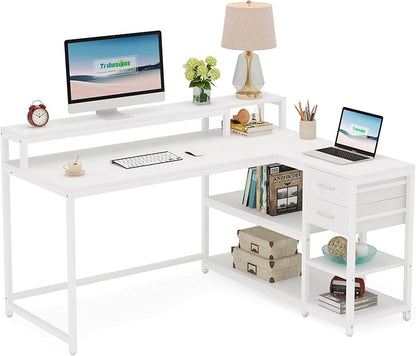 Reversible L-Shaped Computer Desk with hutch & Shelf,white