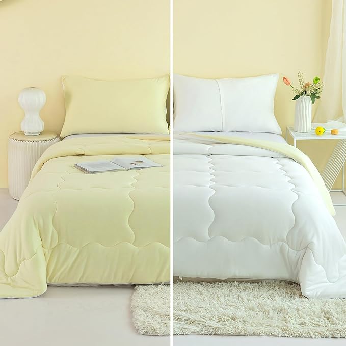 COTTEBED Reversible KING Bedding Comforter Set, Jersey Knit All Season Milk Cup Dual-Side Down Comforters, Super Soft Breathable Fluffy Lightweight Quilt & Pillow Shams(Yellow and White King/Cal King)