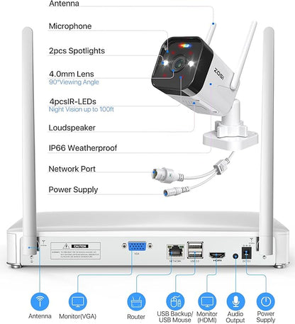 ZOSI 2.5K WiFi Security Camera Wireless Outdoor System,2TB HDD,8 Channel NVR for 24/7 Recording,4 x 4MP Cameras for Home with Color Night Vision,Person Vehicle Detection,2-Way Talk,Siren Alarm,Plug-in