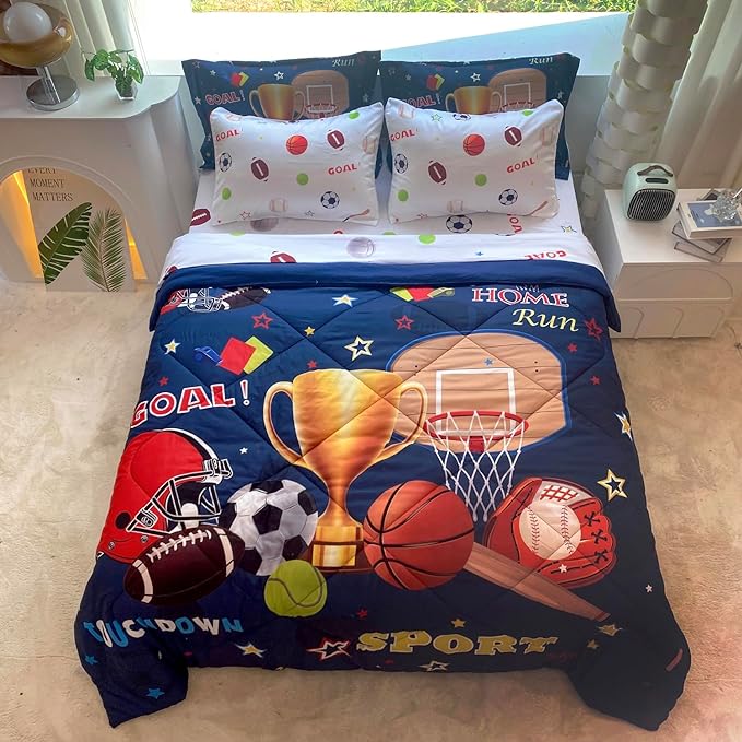 Sports Comforter Set Twin Size for Boys Kids Teens 7 Piece Basketball Baseball Bed in A Bag Soccer Football Trophies Bedding Set All Season Lightweight