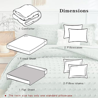 7 Pieces Tufted Dots Bed in a Bag Queen Comforter Set with Sheets Green , Soft and Embroidery Shabby Chic Boho Comforters, Solid Color with Pom Pom Design, Jacquard Tufts Bedding Set for All Season