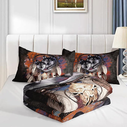 Wolf Dream Catcher Comforter Set for Kids Teens Girls Retro Modern Wildlife Animal Comforter Tie Dye Wolf Bedding Set for Kids Teens Room Decor