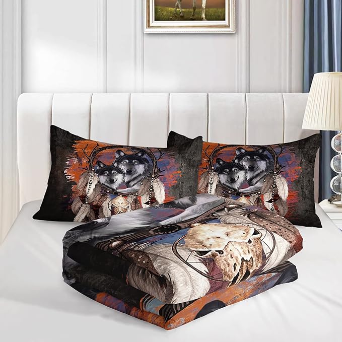 Wolf Dream Catcher Comforter Set for Kids Teens Girls Retro Modern Wildlife Animal Comforter Tie Dye Wolf Bedding Set for Kids Teens Room Decor