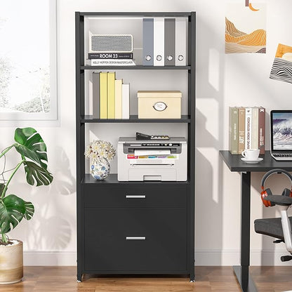 Tribesigns Bookcase Bookshelf, 4-Tier Modern File Cabinet with 2 Drawers, Lateral Filing Cabinet accommodate Legal/Letter / A4 Size for Home Office Organizer