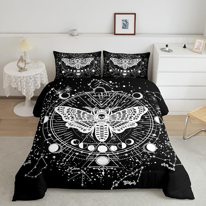 Kids Boho Moth Comforter Set King Boys Gothic Skull Bedding Set for Men Women Bedroom Decor Bohemian Moon Starry Sky Comforter Exotic Moth Skull Skeleton Bones Duvet Set Teens Quilt Set, Black White