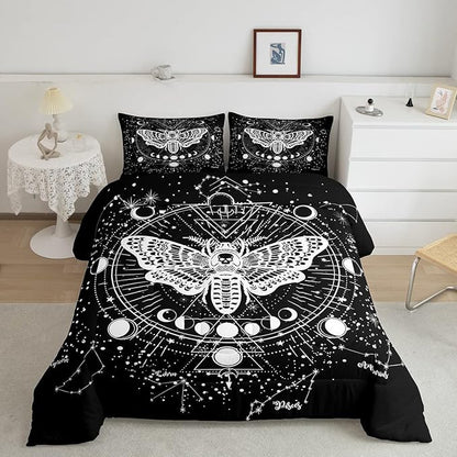 Kids Boho Moth Comforter Set King Boys Gothic Skull Bedding Set for Men Women Bedroom Decor Bohemian Moon Starry Sky Comforter Exotic Moth Skull Skeleton Bones Duvet Set Teens Quilt Set, Black White