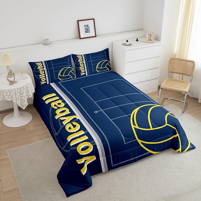 Feelyou Volleyball Bedding Set Full Size Sports Game Comforter Set for Kids Boys Girls Decor Volleyball Player Comforter Microfiber Blue Yellow Duvet Set Bedroom Quilt Set
