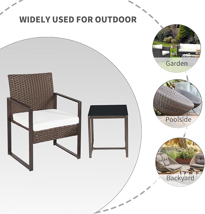 3 Pieces Patio Furniture Set Outdoor Wicker Bistro set Rattan Chair Conversation Sets with Coffee Table for Porch, Balcony,Garden,Backyard and Removable Cushions Beige