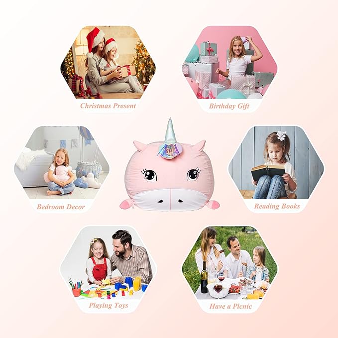 Girls Unicorn Bean Bag Chair Pink, Stuffed Animal Storage Organizer for Kids Room Decor, Extra Large Size, Velvet Super Soft Cover Only