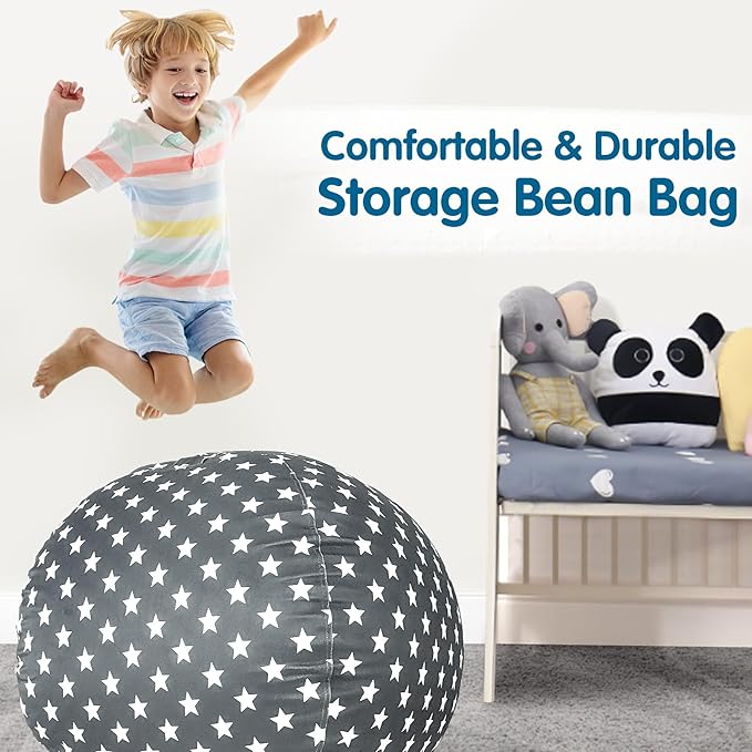 Lukeight Stuffed Animal Storage Bean Bag Chair Cover for Kids, Zipper Beanbag Chair Cover for Organizing Toddler & Kids' Rooms Plush Toys (Stars Gray Velvet, X-Large)
