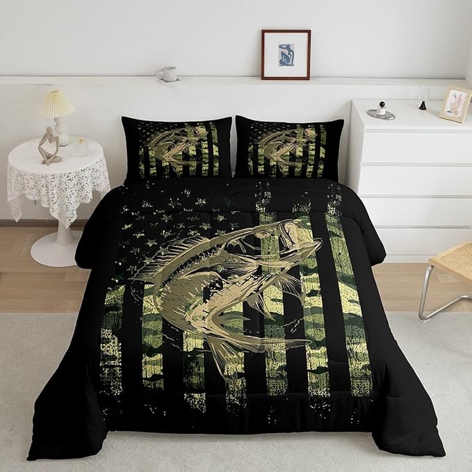 Bass Fish Comforter Set Full Size Fisherman Camouflage Bedding Set Pike Fish Camo American Flag Comforter for Women Men Fsihing Lover Room Farmhouse Fishing Bed Set Wild Quilted Set 3Pcs