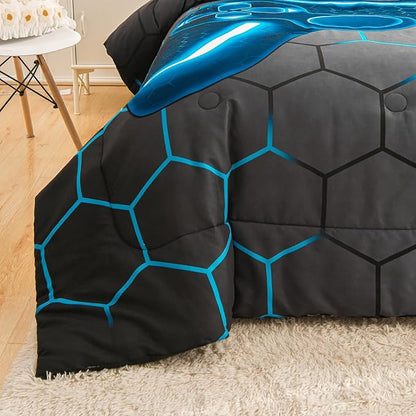 NTBED Game Console Comforter Set for Boys Girls Kids 3D Gaming Geometric Lightweight Microfiber Bedding Sets (Blue, King)