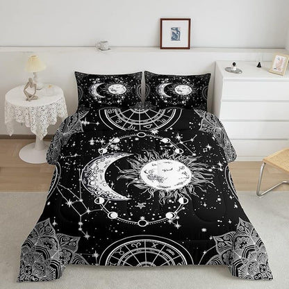 Sun and Moon Bedding Set Constellation Galaxy Comforter for Kids Boys Girls Teens Psychedelic Boho Mandala Comforter Breathable Celestial Duvet Set Black White Room Decor Quilt Cover Twin Size
