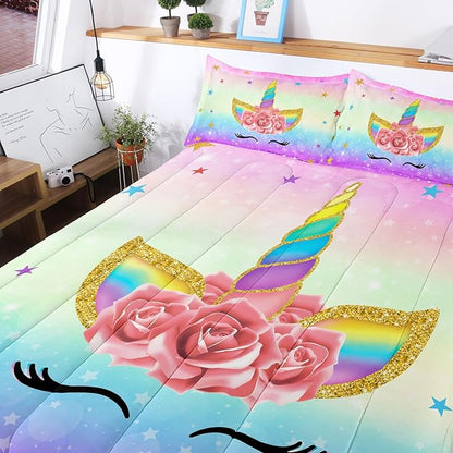Unicorn Bedding Twin for Girls, Colorful Rainbow Comforter Set with Pink Unicorn Bedding Comforter, Cute Bed Set for Kids Teens, Ultra Soft and Fluffy