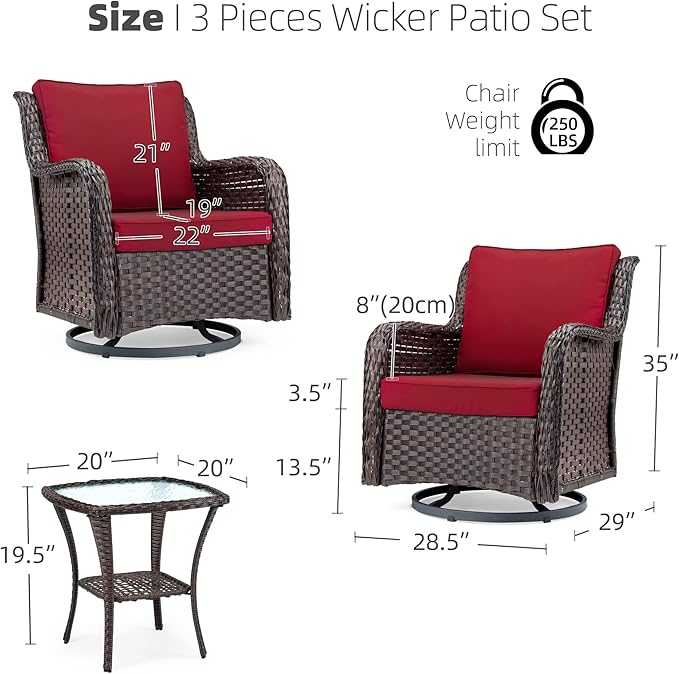IDEALHOUSE 3 Pieces Outdoor Wicker Swivel Rocker Patio Set, 360-Degree Swivel Rocking Chair Elegant Wicker Patio Bistro Set with Tempered Glass Top Side Table (Rust Color)