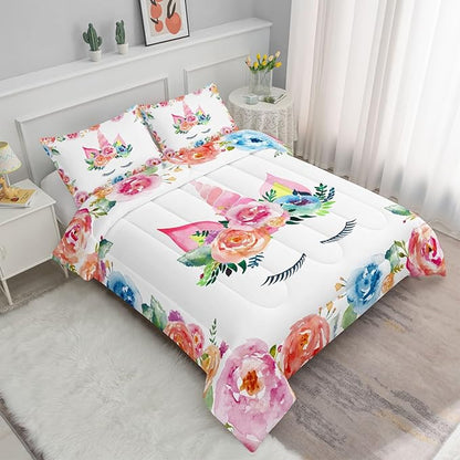 Datura home Unicorn Floral Watercolor Flower Comforter Bedding Set for Girls Teens Adults,Colorful Lovely Roses Blooms Print Design Unicorn Bedding Set(Unicorn Queen)
